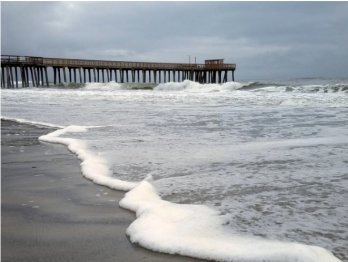 Surf crashing on the beach in New York, with a brooding grey sky serving as a backdrop to a pier leading out into the ocean into the background.